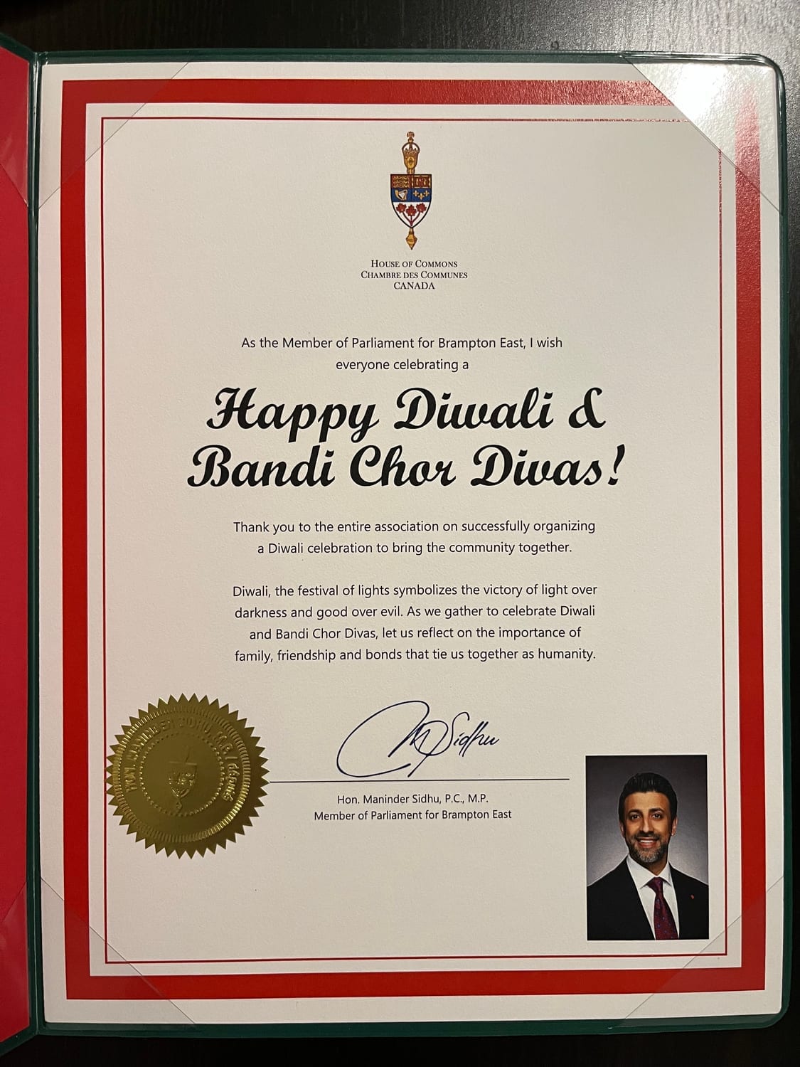 House of Commons Diwali and Bandi Chor Divas greeting from the Hon. Maninder Sidhu, P.C., M.P. for Brampton East, thanking the organizers of the Diwali celebration.